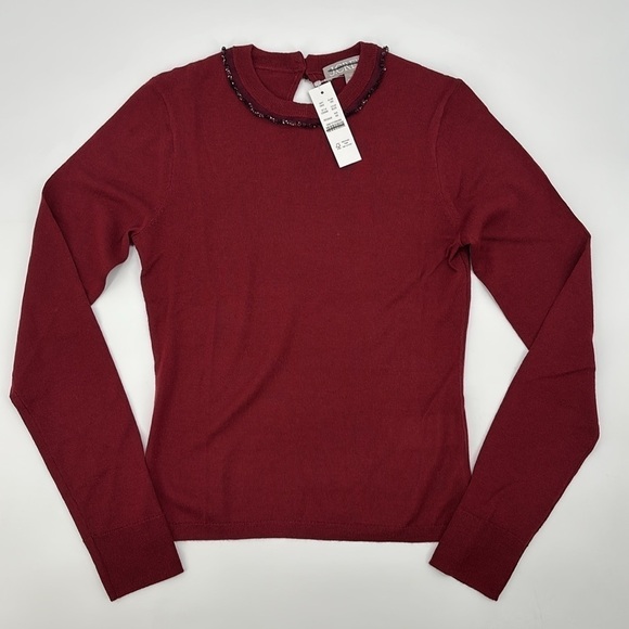 J. Crew Carolyn embellished crewneck burgundy sweater merino wool XS NWT CE699 - Picture 4 of 12